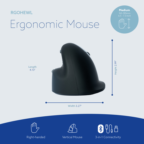 R-Go HE Break Vertical Mouse Rato - Bluetooth/Radiofrequência - USB Tipo C - Ótico - 5 Taste(n) - Preto - PC, Mac - Sem fi