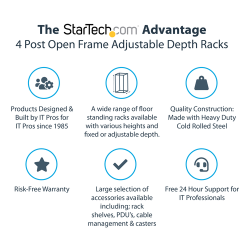 StarTech.com 12U Adjustable Depth Open Frame 4 Post Server Rack w/ Casters / Levelers and Cable Management Hooks - Steel, 