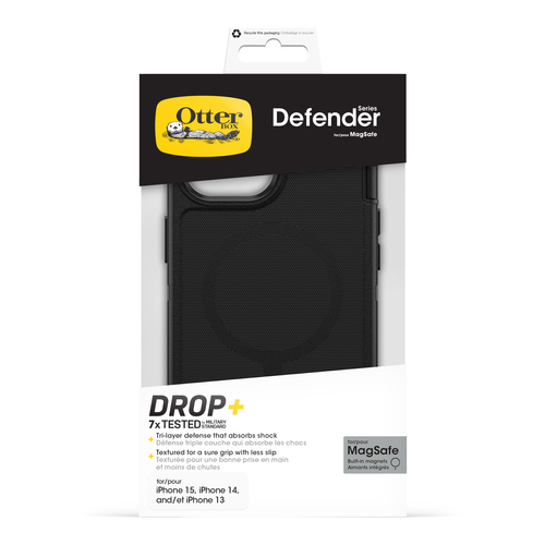 OtterBox Defender Case for Apple iPhone 15, iPhone 14, iPhone 13 Smartphone - Texture Grip - Black - Retail - Damage Resis