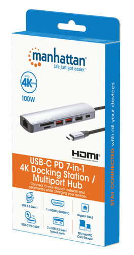 Manhattan USB-C Dock/Hub with Card Reader, Ports (x5): Ethernet, HDMI, USB-A (x2) and USB-C, with Power Delivery (PD) 100W