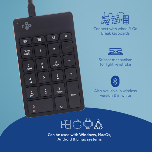 R-Go Tools Tastatur R-Go Numpad Break, ergonomischer Ziffernblock mit Pausensoftware, kabelgebunden, schwarz. Geräteschnit