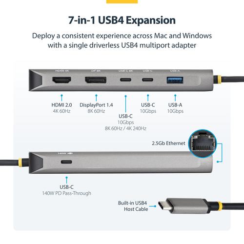StarTech.com 7-in-1 USB4 Multiport Adapter, treiberlose Dual 4K für MacOS und Windows, 140W Power Delivery, 3-Port 10Gbps 