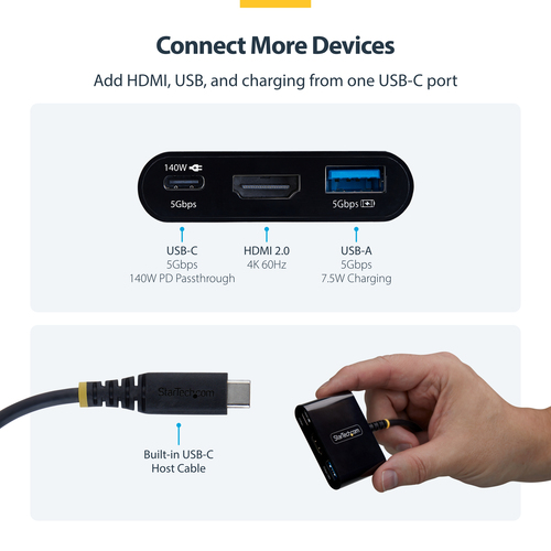 StarTech.com Adaptateur Multiport USB-C vers HDMI avec Charge PD 140W, HDMI 4K 60Hz, Hub USB 5 Gbps, Power Delivery 3.2, M