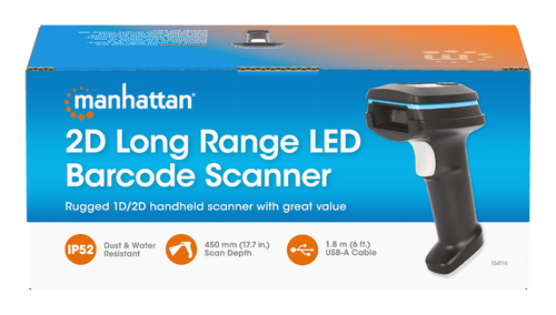 Manhattan 2D Long Range LED Barcode Scanner, USB, 450mm Scan Depth, Max Ambient Light 100,000 lux (sunlight), Supports sym