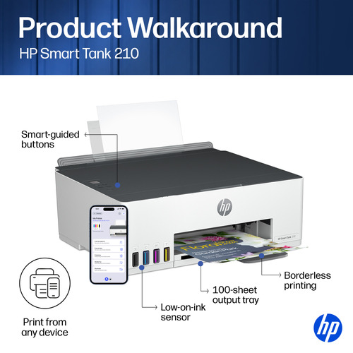 HP Smart Tank 210 Wireless Color Printer. Print technology: Thermal, Maximum resolution: 4800 x 1200 DPI, Borderless print