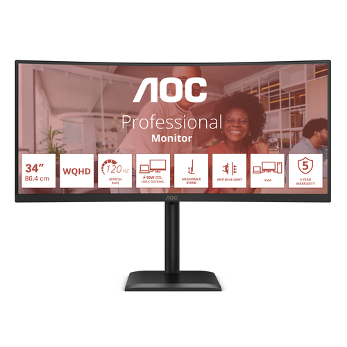 AOC E4 CU34E4CV. Display diagonal: 86.4 cm (34"), Display resolution: 3440 x 1440 pixels, HD type: UltraWide Quad HD, Disp