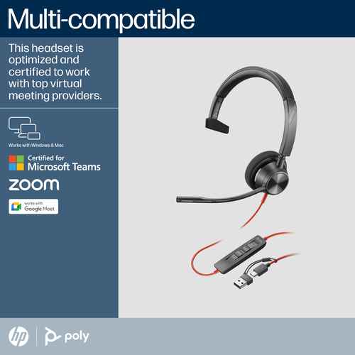 HP Poly Blackwire 3310 Monaural Microsoft Teams Certified USB-C Headset +USB-C/A Adapter. Product type: Headset. Connectiv