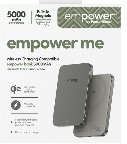 PanzerGlass empower Power Bank - Titanium - For iPhone, Qi-enabled Device - 1 x Type-C 20W - 5000 mAh - 20 W - USB Type-C 