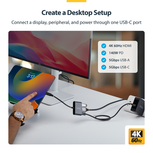 StarTech.com Adaptateur Multiport USB-C vers HDMI avec Charge PD 140W, HDMI 4K 60Hz, Hub USB 5 Gbps, Power Delivery 3.2, M