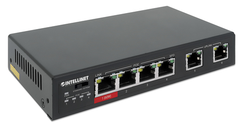 Intellinet 6-Port Fast Ethernet Switch with 4 PoE Ports (1 x High-Power PoE), One High-Power 60 W PSE PoE Port, Three IEEE