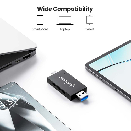 Manhattan USB-A / USB-C combo Multi-Card Reader/Writer, 5 Gbps (USB 3.2 Gen1 aka USB 3.0), Male to microSD and SD/MMC Slot