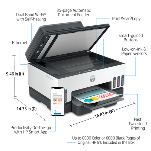 HP 7306 Smart Tank Inkjet Multifunction Printer - Copier/Printer/Scanner - 4800 x 1200 dpi Print