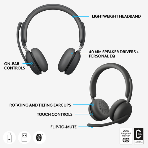 Logitech Zone Wireless 2 Wireless Over-the-head, On-ear Stereo Headset - Graphite - Microsoft Teams Certification - Google