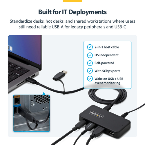 StarTech.com USB Hub - USB 3.2 (Gen 1) Type C - 640 MB/s - Flash Drive - Desktop - Black - UASP Support - 5 Total USB Port(s)