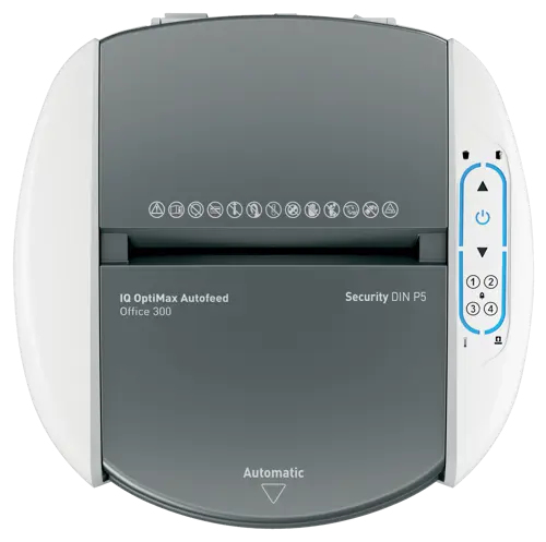 Leitz IQ OptiMax Autofeed Office 300 P5 Micro Cut Paper Shredder. Shredding type: Micro-cut shredding, Working width: 22.5