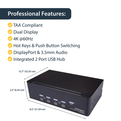 StarTech.com DisplayPort KVM - 4 port - 4K 60Hz - Dual Monitor KVM - DisplayPort Switch - KVM DisplayPort - Desktop KVM Sw