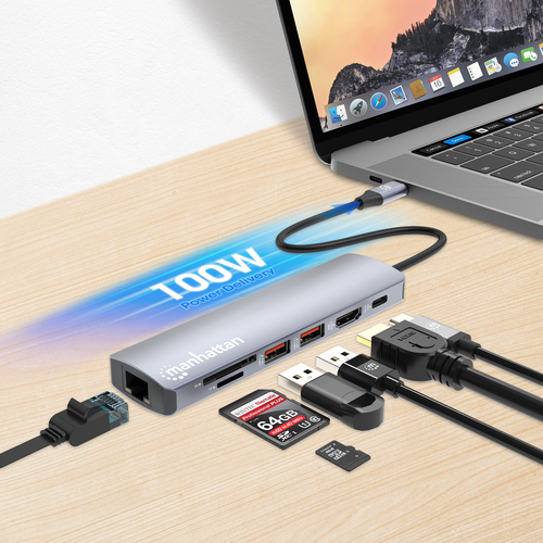 Manhattan USB-C Dock/Hub with Card Reader, Ports (x5): Ethernet, HDMI, USB-A (x2) and USB-C, with Power Delivery (PD) 100W