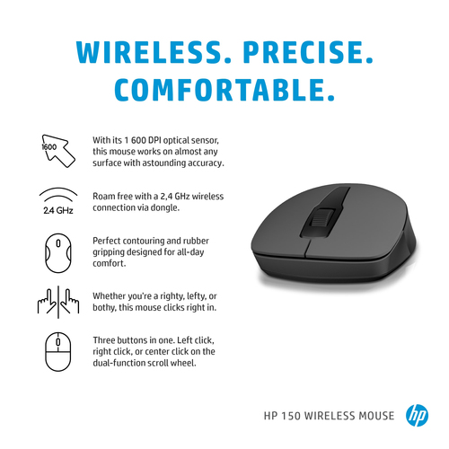 HP 150 Wireless Mouse. Form factor: Ambidextrous. Movement detection technology: Optical, Device interface: RF Wireless, M