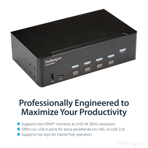 StarTech.com 4-Port Dual Monitor HDMI KVM Switch with Audio & USB 3.0 hub - 4K 30Hz - 4 PC Mac Computer KVM Switch Box for