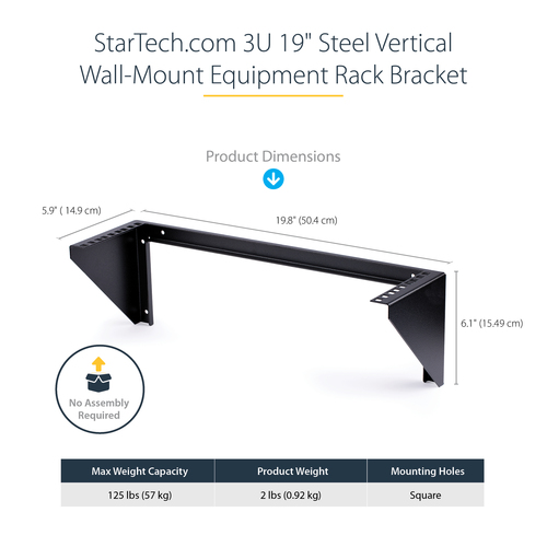 StarTech.com 3U 19" Wall Mount Vertical Rack Bracket, Patch Panel Wall Mount Bracket for AV/IT Equipment, 3U Rack for Cabi