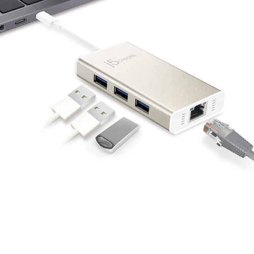 j5create USB/Ethernet-Hub - USB 3.0 Typ C - 640 MB/s - 3 Total USB Port(s) - 3 USB 3.0 Port(s)1 Netzwerk (RJ-45) Anschluss