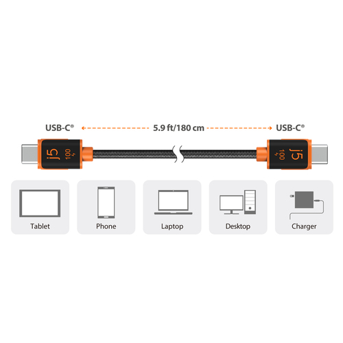 j5create JUCX25L18-N 1,80 m USB-C Datentransferkabel - 1 / Pack - Cable for Tablet, Smartphone, Notebook, Desktop-Computer