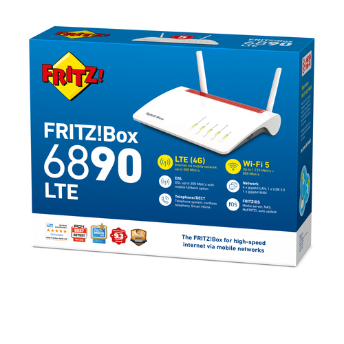FRITZ!Box Box 6890 LTE. Banda Wi-Fi: Doble banda (2,4 GHz / 5 GHz), Estándar Wi-Fi: Wi-Fi 5 (802.11ac), Tasa de transferen