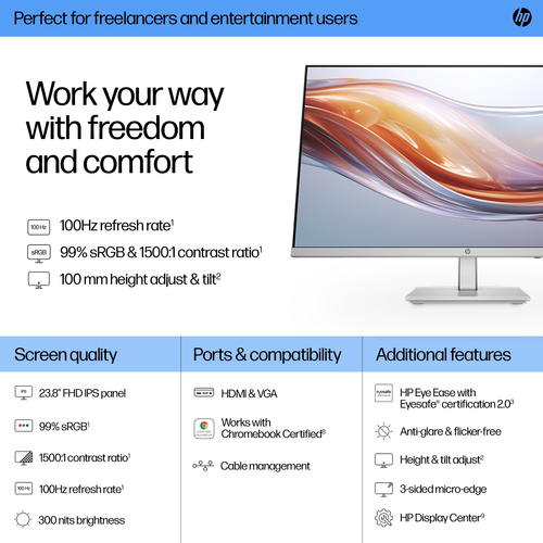 HP Series 5 23.8 inch FHD Height Adjust Monitor - 524sh. Display diagonal: 60.5 cm (23.8"), Display resolution: 1920 x 108