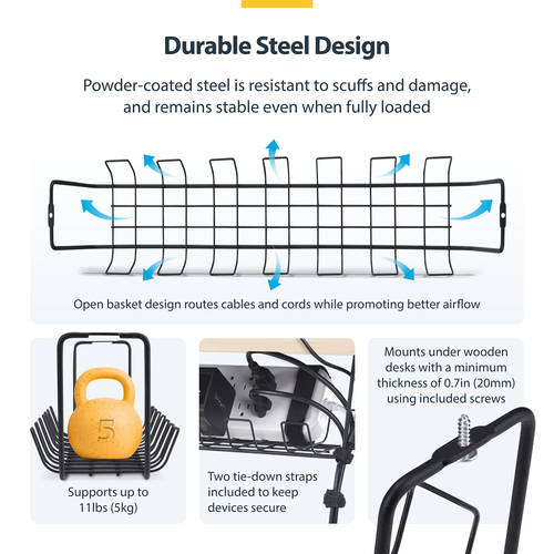 StarTech.com S1MB-DESK-CABLE-TRAY. Typ: Kabelkorb, Zweck: Tisch/Bank, Produktfarbe: Schwarz. Breite: 132,5 mm, Tiefe: 615 