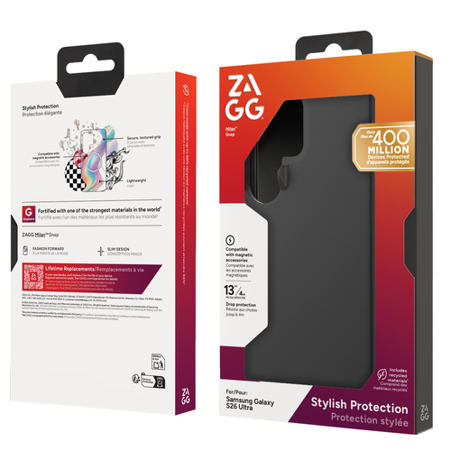 ZAGG Milan Snap Case For Galaxy S26 Ultra Black. Case type: Cover, Brand compatibility: Samsung, Compatibility: Galaxy S26