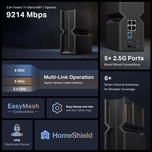 Routeur sans fil TP-Link Archer BE9300 - Wi-Fi 7 - Triples Bandes - 2,40 GHz Bande ISM - 5 GHz Bande UNII - 4 x Port résea