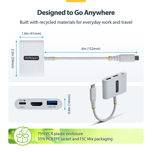 StarTech.com Adaptateur Multiport USB-C vers HDMI avec Charge PD 140W, HDMI 4K 60Hz, Hub USB 5 Gbps, Power Delivery 3.2, M
