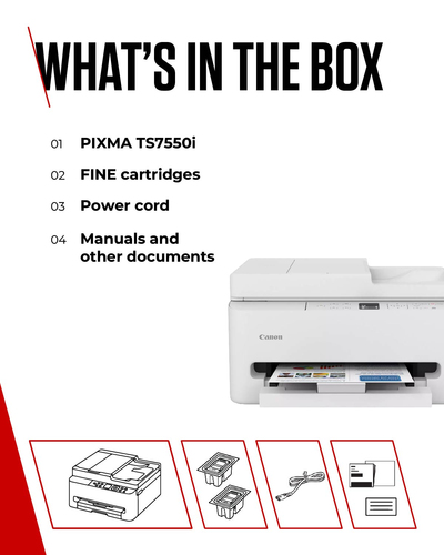 Canon PIXMA TS7550i. Print technology: Inkjet, Printing: Colour printing, Maximum resolution: 1200 x 1200 DPI. Copying: Co