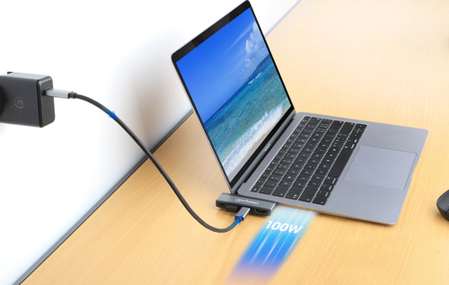 Manhattan USB-C Travel Dock/Hub, Ports (x4): HDMI, USB-A, USB-C and 3.5mm audio, With Power Delivery (100W) to USB-C Port,