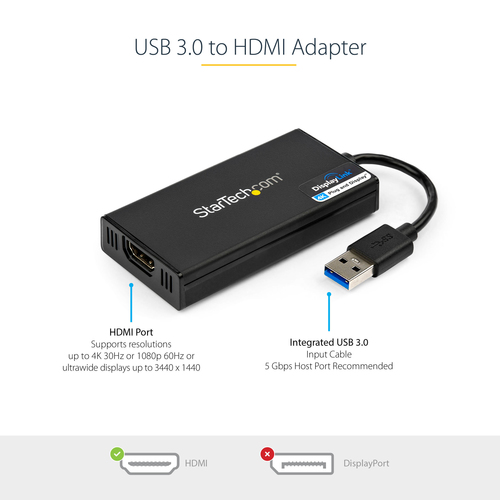 StarTech.com USB 3.0 to 4K HDMI External Multi Monitor Graphics Adapter â€" DisplayLink Certified â€" USB 3.0 Video Card â