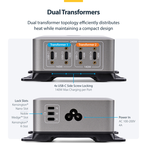 StarTech.com 4-Port Multi-Device USB-C Charger, 240W Total, Single Port 140W EPR, Screw Locking Ports, Ideal for Boardroom