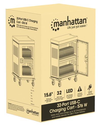 Manhattan iPad to 13", MacBook Air to 15" & Chromebook 16" 32-bay Charging Trolley/Cart via USB-C, Also other tablets/smar