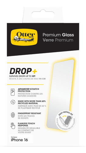OtterBox Premium Glass. Marke-Kompatibilität: Apple, Kompatibilität: iPhone 16, Protection features: Antibakteriell, Tropf