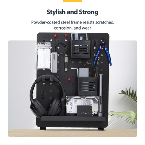 StarTech.com Clamp-On Pegboard with Accessories, 16.5x12.5in, Steel Peg Board, Desktop Storage Organizer, Black - Streamli