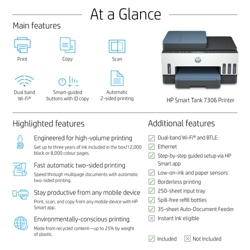 HP Smart Tank 7306 Wireless All-in-One Color Printer, Two-sided printing; Copier, Scanner. Print technology: Thermal inkje