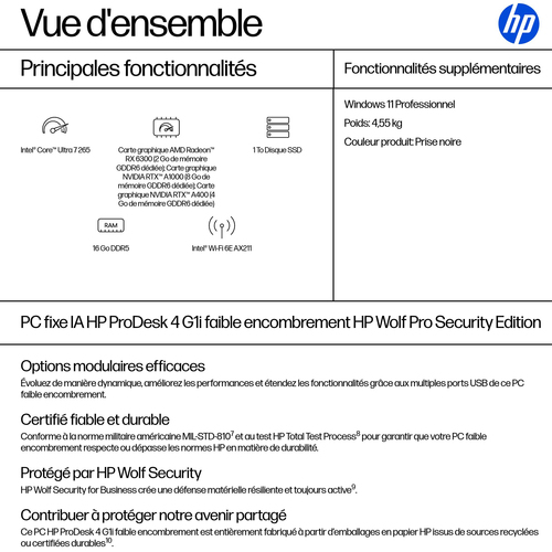 HP ProDesk 4 SFF G1i Desktop AI PC Wolf Pro Security Edition. Processor family: Intel Core Ultra 7, Processor model: 265. 