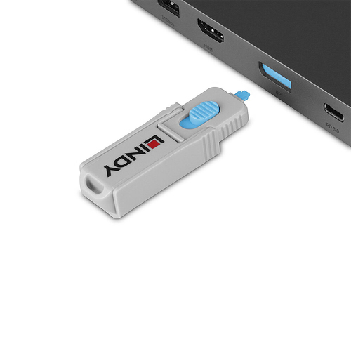 Lindy 40324. Product type: Port blocker + key, Compatible ports/slots: DisplayPort, Product colour: Blue. Width: 42 mm, De