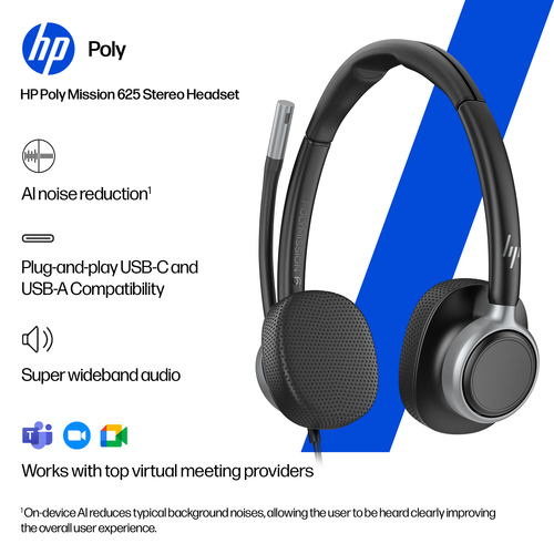 HP Poly Mission 625 Stereo USB Wired Headset (Bulk) WW