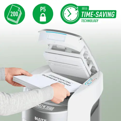 Leitz IQ OptiMax Autofeed Small Office 200 P5 Micro Cut Paper Shredder. Shredding type: Micro-cut shredding, Working width