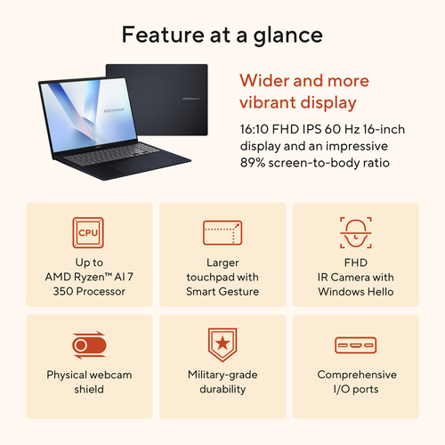 ASUS Vivobook 16 M1607KA-MB5NDW Copilot+ PC. Product type: Laptop, Form factor: Clamshell. Processor family: AMD Ryzen™ AI