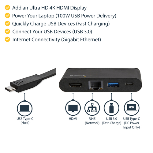StarTech.com USB C Multiport Adapter - USB-C Travel Dock to 4K HDMI, 100W PD 3.0 Pass-Through, USB-A USB-C, GbE - Portable