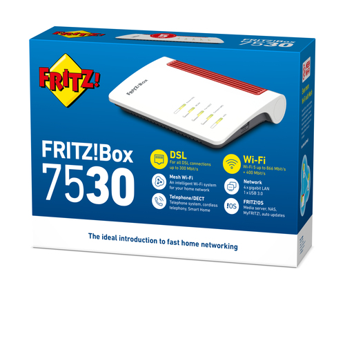 FRITZ!Box Box 7530. Banda Wi-Fi: Doble banda (2,4 GHz / 5 GHz), Estándar Wi-Fi: Wi-Fi 5 (802.11ac), Tasa de transferencia 