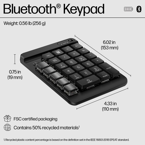 HP 435 Programmable Wireless Keypad. Device interface: Bluetooth, Keyboard key switch: Mechanical. Product colour: Black. 