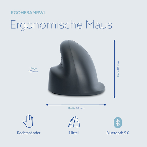 R-Go Tools Vertikale Maus R-Go HE Basic, Ergonomische maus, medium (Handlänge 165-185mm), Rechtshänder. Formfaktor: rechts
