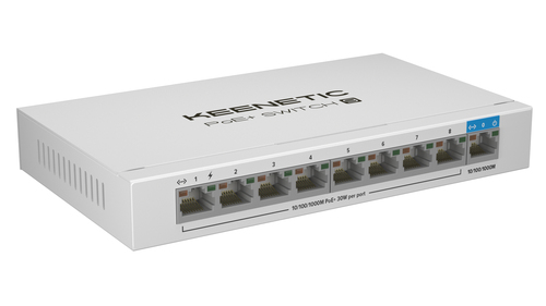 KEENETIC PoE+ Switch 9 (KN-4710), switch 1 porta 1Gbps + 8 porte 1 Gbps PoE+, potenza massima erogabile 120W, chassis in m